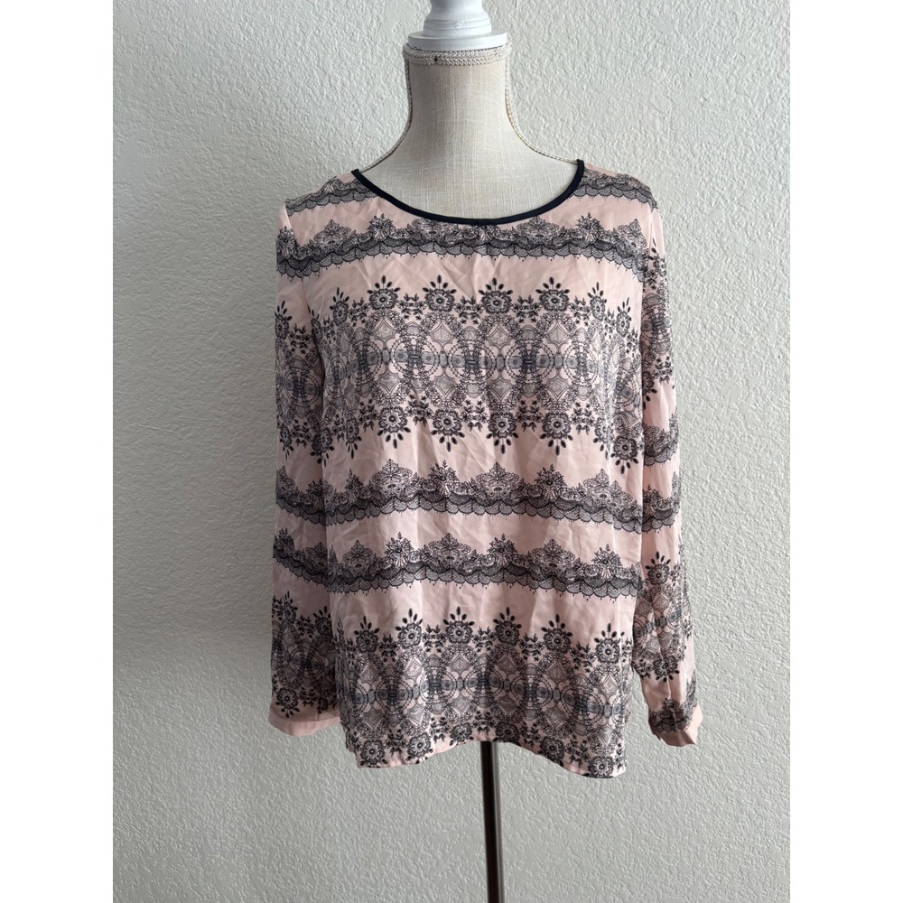Metaphor Blouse Size Large Excellent Pink Black Lace Print Long Sleeve Top